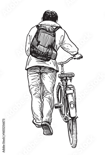 One young man with bicycle walking outdoors, back view, realistic sketch, hand drawn vector illustration