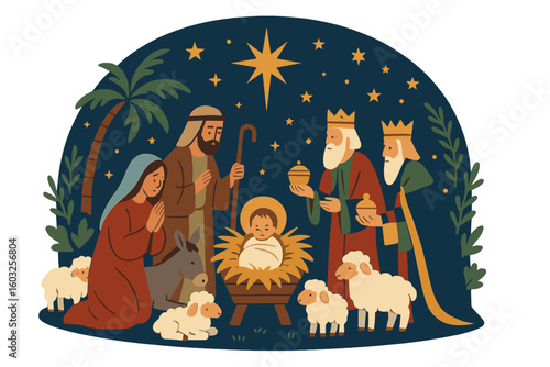 Vector design of nightly Christmas scenery featuring Mary, Joseph, and baby Jesus in a manger with the Three Wise Men, wishing Merry Christmas