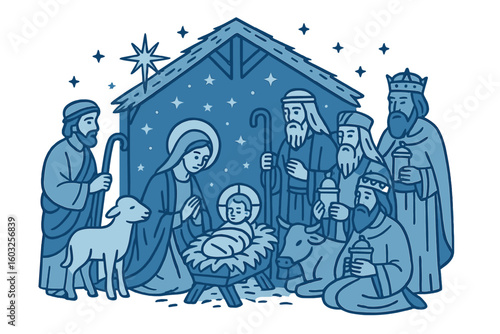 Christmas the savior is born abstract gold line drawing of The Nativity featuring Mary and Joseph in a manger with baby Jesus on a dark background in vector design