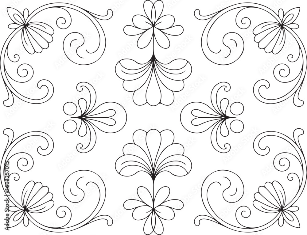Obraz premium Decorative floral elements with swirling vines line drawing vector
