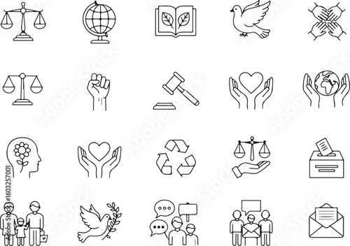 Justice Icons, Peace Symbols, Environmental Graphics, Unity Hands, Mental Health, Voting Ballot, Recycling Arrows, Charity Heart, Communication Tools, Law Gavel, High Quality Vector Set