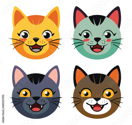 A set of funny cartoon cat characters with cute faces and expressive designs, perfect for pet-themed illustration and art