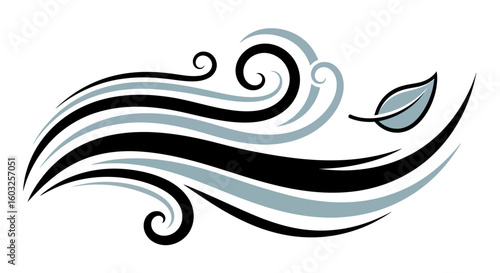 Stylized Wind Flow with Leaf Illustration - Nature's Gentle Breeze Design