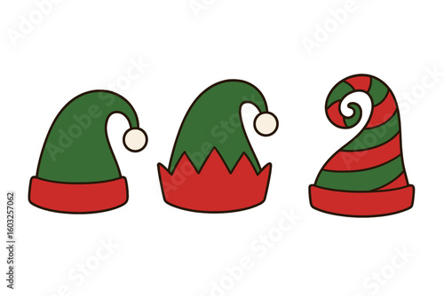 Vector illustration of Christmas elf girl and boy hats and feet, featuring cute elves' legs, boots, and costumes, Santa's helpers squad