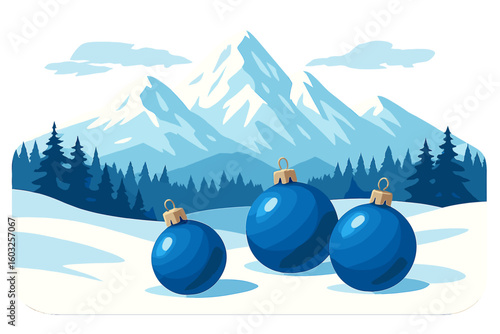 Winter Christmas scene featuring blue ornaments and empty space for text
