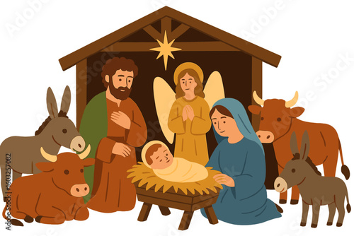 Illustration of a Christmas Nativity scene for greeting cards, featuring red silhouettes isolated on a white background in Vector EPS10 format