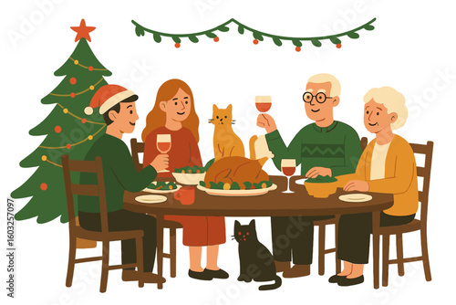 Joyful individuals are commemorating Christmas at the festive table, consuming holiday meals and imbibing wine
