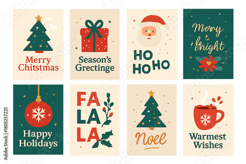 A collection of hand drawn vector abstract cartoon cards for Merry Christmas, featuring cute illustrations, surprise gift boxes, Christmas trees, and modern calligraphy on a white background