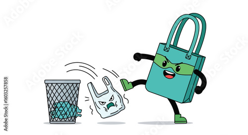 An eco-friendly superhero tote bag fights plastic pollution, kicking a single-use bag into the trash. A concept for zero waste and environmental protection.