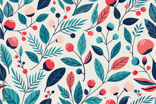 Colorful floral pattern with leaves and berries decorative botanical design for fabric wallpaper textile or decorative purpose