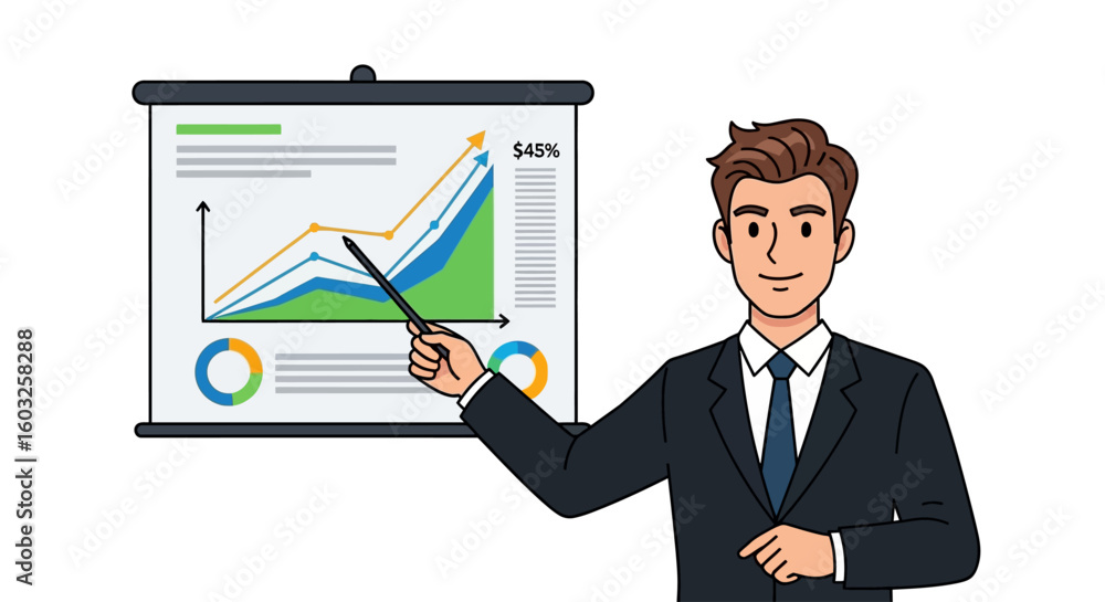 A businessman presenting a successful financial growth chart. This illustration shows a professional analyzing data and market trends for strategic planning. A businessman presenting a successful financial growth chart. This illustration shows a professional analyzing data and market trends for strategic planning.
