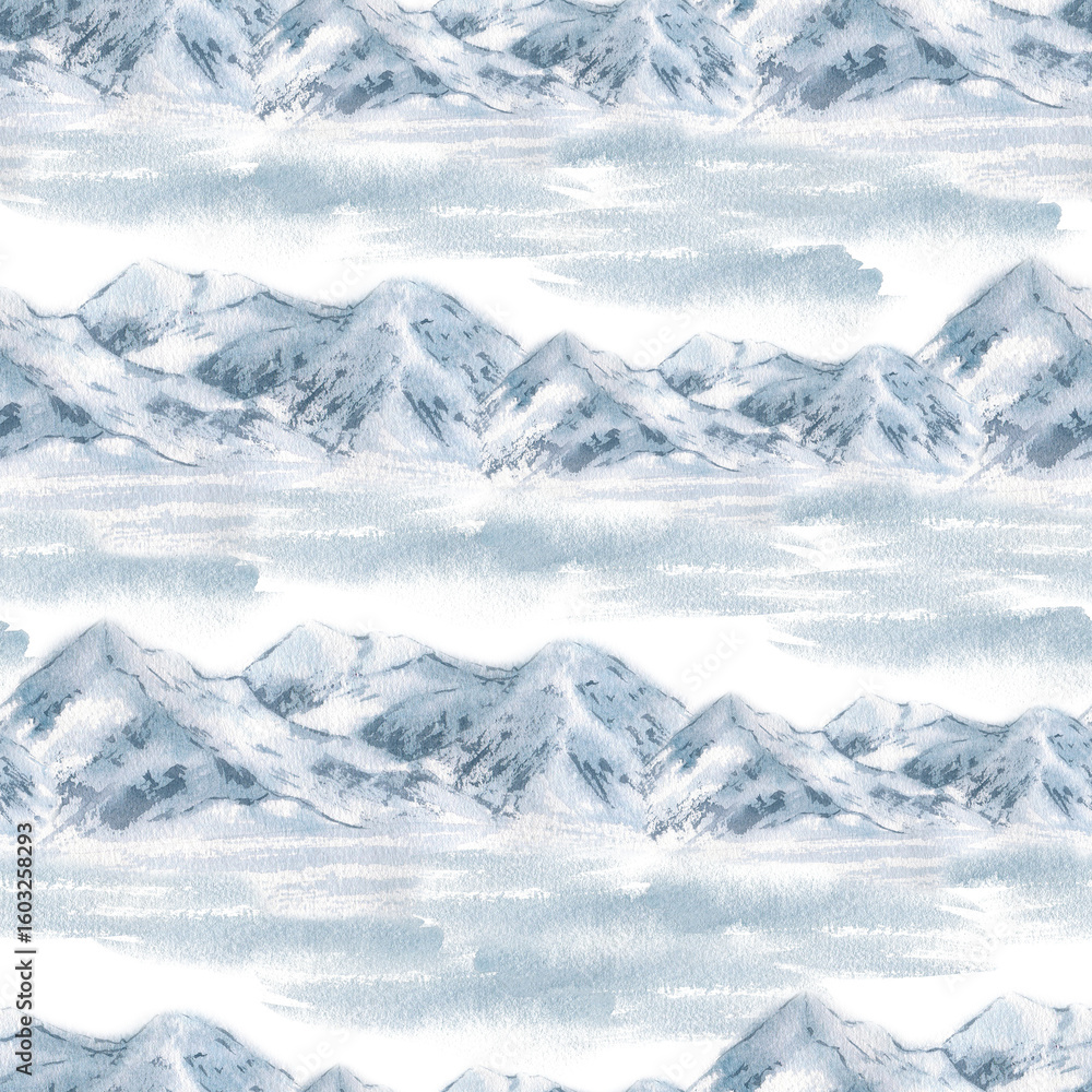 Obraz premium Winter mountain seamless background of delicate snowy peaks and frosty ridges in muted blues watercolor isolated. Minimalist rocky landscape repeat pattern hand drawn for designs Christmas packaging.