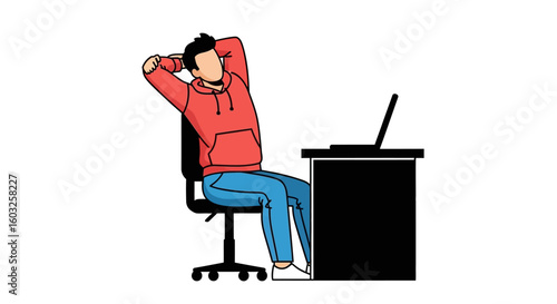 Young man in a red hoodie relaxing at his desk with a laptop, leaning back in his chair. Concept of a work break and satisfaction.