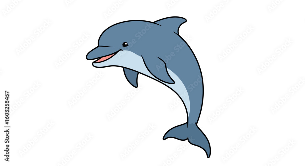 Fototapeta premium Joyful blue cartoon dolphin character jumping with a happy smile. Cute aquatic mammal illustration isolated on a white background.