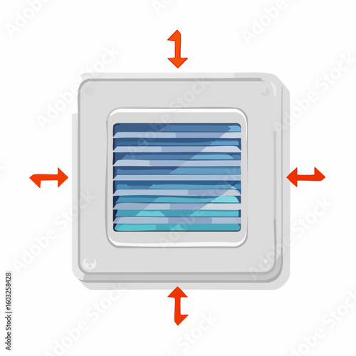 Ceiling air vent – Square vent grille on ceiling with airflow arrows.
