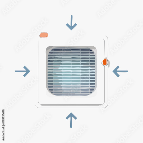 Ceiling air vent – Square vent grille on ceiling with airflow arrows.
