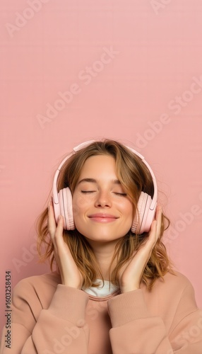Young woman enjoying music with pink headphones.  Smiling young woman with closed eyes listening to music on pink headphones against pastel background