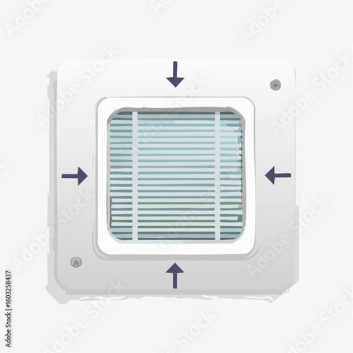 Ceiling air vent – Square vent grille on ceiling with airflow arrows.
