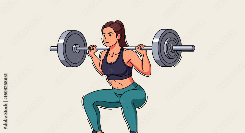 Obraz premium Fitness and strength training concept with a woman performing a heavy barbell squat exercise illustration