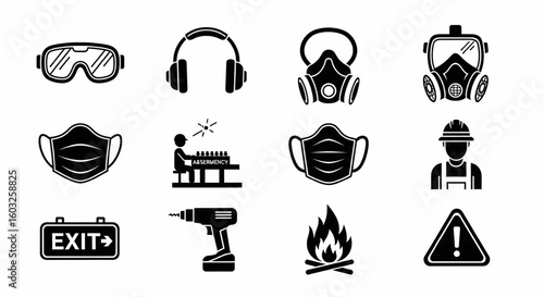 Construction Site Hazard Glyph Icon Set – Goggles, Respirator, Drill, Fire, Emergency, Safety Signs Vector


