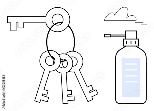 Keyring holding three keys alongside a bottle of sanitizer spray, symbolizing security, cleanliness, and preparedness. Ideal for safety, hygiene, travel, health, precaution organization modern