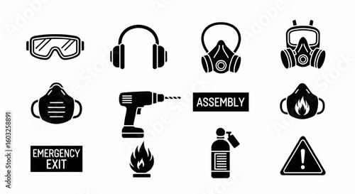 Construction Site Hazard Glyph Icon Set – Goggles, Respirator, Drill, Fire, Emergency, Safety Signs Vector

