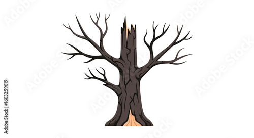 Illustration of a burnt, dead tree struck by lightning, symbolizing desolation and the aftermath of a natural disaster