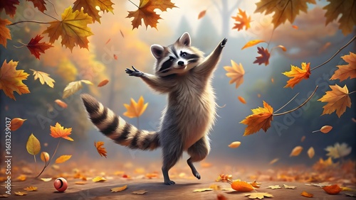 Playful Raccoon in Autumn Leaves