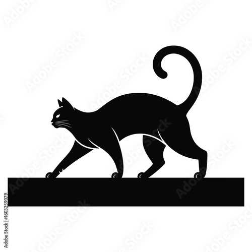 Black cat walking on a ledge silhouette