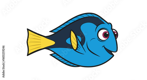 A cheerful blue tang fish character illustration, smiling friendly. Isolated vector graphic of a tropical regal tang for marine life themes.