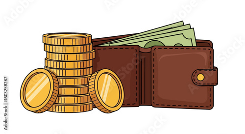 gold coins, brown wallet, green money clip art preview