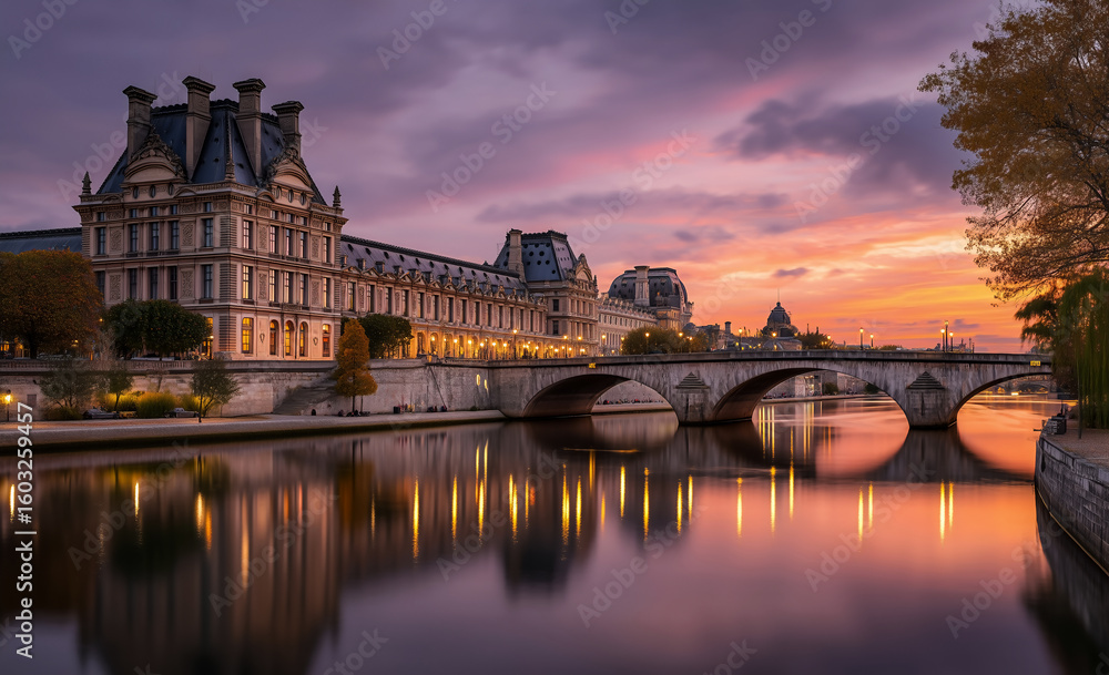 Fototapeta premium Evening Light Illuminates Paris Bridge And Louvre Architecture Reflected In River At Vibrant Sunset
