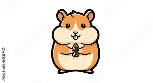 A cute cartoon hamster with chubby cheeks holding a sunflower seed. Adorable kawaii rodent character illustration isolated on white.