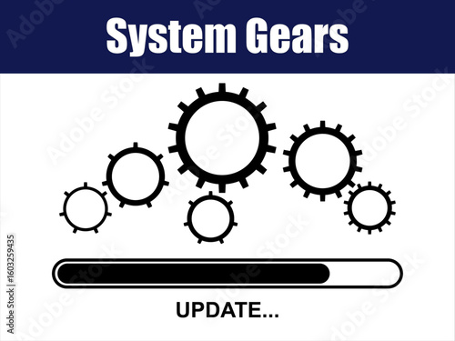 System Gears Rotating with Software Update Progress Bar. Six gear icons rotate above a horizontal progress bar labeled “UPDATE…” in bold text.