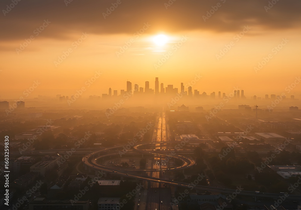 Obraz premium Aerial view of a city skyline at sunset, golden hour, dramatic sky, with urban roads and architecture.