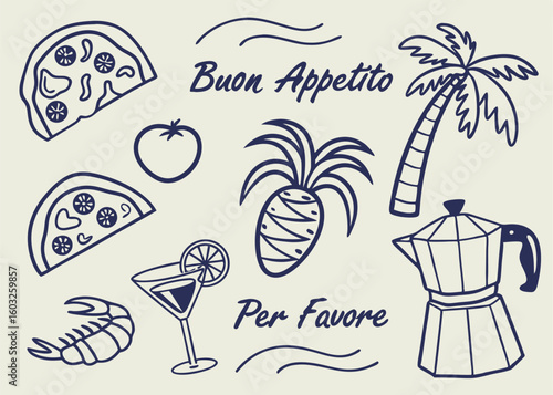 Hand drawn food and drink icons with italian phrases including pizza pineapple and coffee maker perfect for design projects