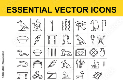 Egyptian Hieroglyph Icons Set Black Outline Egyptian hieroglyphs