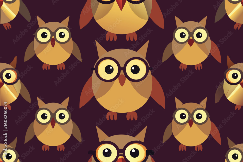 Fototapeta premium Playful and charming owl pattern with trendy glasses in warm brown and golden tones for various design applications and creative projects
