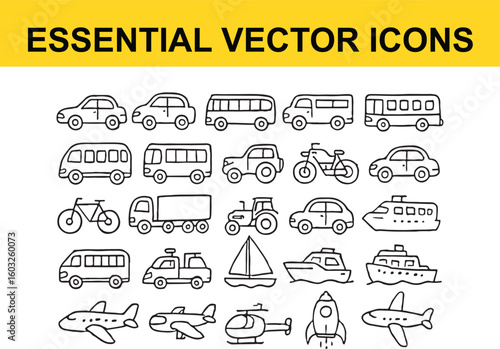 Hand drawn transportation vector icons set vehicle