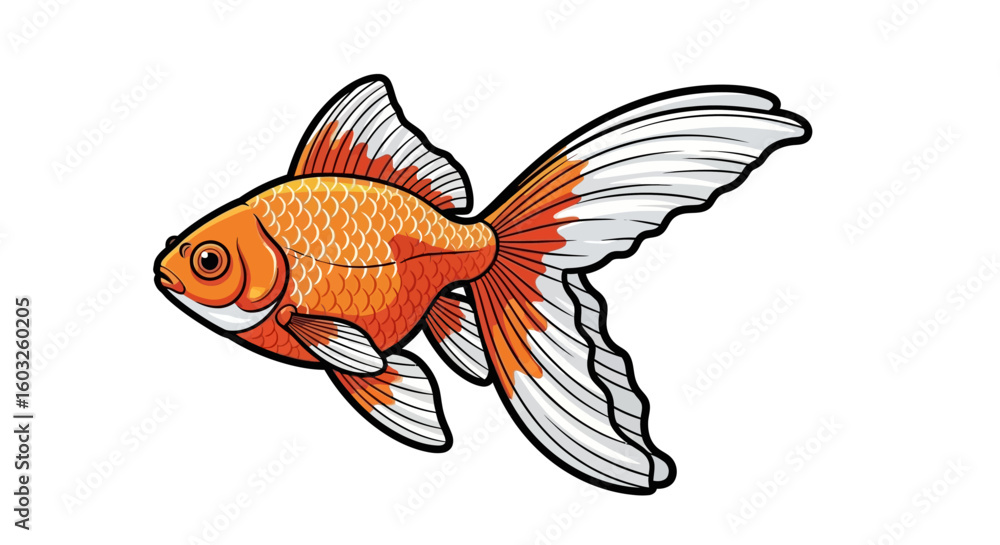 Fototapeta premium Elegant fantail goldfish vector illustration. An isolated aquatic pet fish with orange and white fins.
