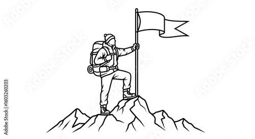 Triumphant mountaineer planting a flag on a mountain summit. A black and white line drawing symbolizing achievement and victory.