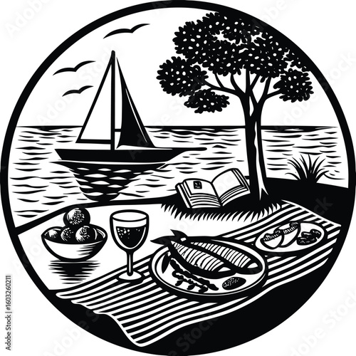 Scenic black and white illustration of a seaside picnic with sailing boat tree and food within a circular frame