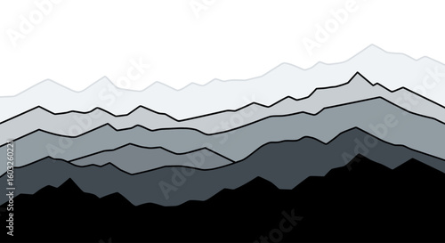 Serene mountain range silhouette in a monochromatic gradient. Minimalist vector illustration of a layered landscape for a calm background.