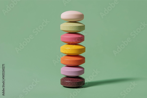 A tall stack of colorful pills is arranged against a solid green background