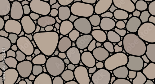 Abstract graphic pattern of naturally smoothed river stones and pebbles in earth tones, creating a tranquil seamless texture background for organic designs and digital projects.