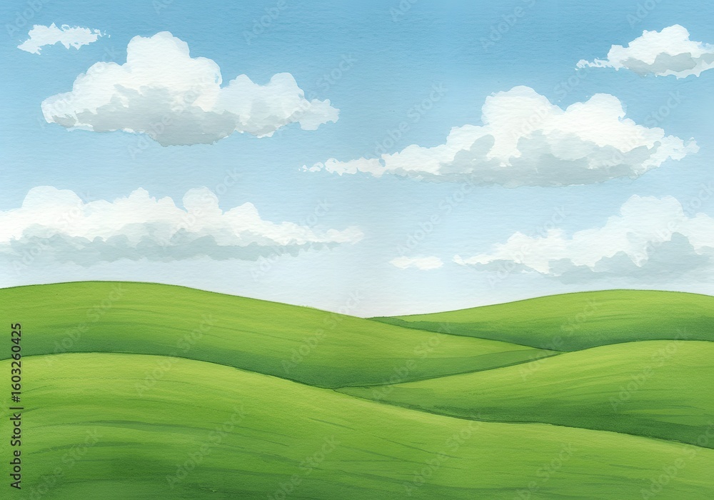 Fototapeta premium Cartoon rolling hills, blue sky, fluffy white clouds, nature landscape, serene scenery background.