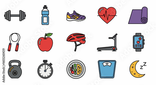 Collection of flat icons representing a healthy lifestyle, including fitness equipment, healthy food, and wellness symbols for graphic design