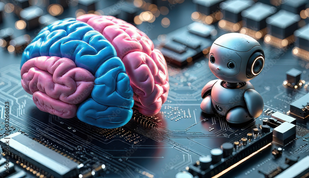 Fototapeta premium Artificial intelligence concept featuring a robot and a colorful brain on a circuit board representing technology and innovation