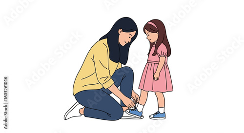A loving mother kneels to tie her young daughter's shoelaces, an illustration depicting everyday care, parental guidance, and the special bond within a family.