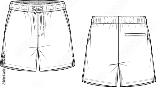 CAD Drawing Flat Vector Illustration – Garments Dress, Garments Cloth – Technical Shorts Front and Back View